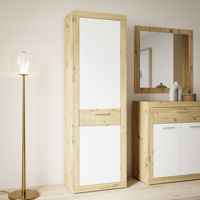 Modern utility wardrobe with shelve, storage wardrobe, engineered wood, light oak decor / white, 58.3 cm W x 196.8 cm H x 33.8 cm D