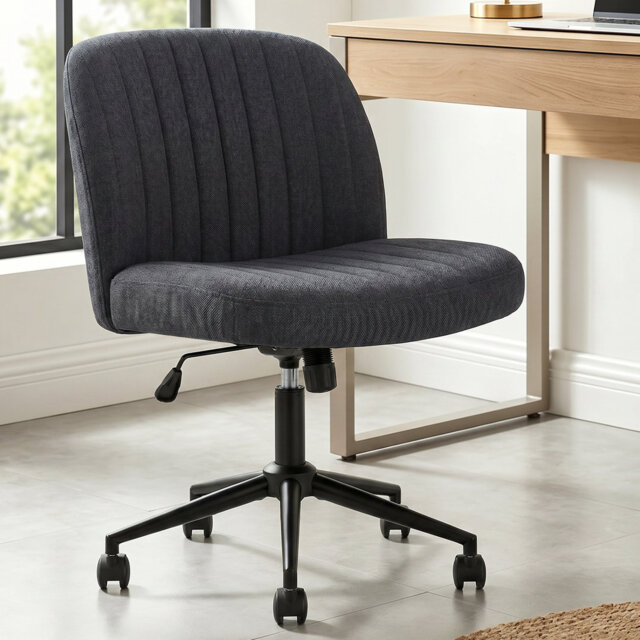 Wide Seat Cross Legged Office Chair,Armless Office Chairs with Wheels, Adjustable Height&Titlt Vanity Chairs Swivel Desk Chair,Ergonomic Mid Back Comp