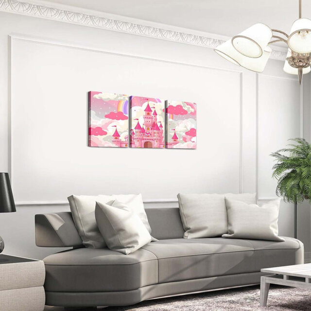 Princess Castle Kids Canvas Wall Art Living Room Bedroom Pink Castle Picture Wall Decor Fairy Tales Bathroom Wall Art Home Decor Wall Painting Room De
