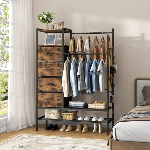 3 in 1 Chest of Drawers,Tall Dresser for Bedroom with 2 Hanging Rail, 4 Fabric Drawer, 8 Coat Hooks
