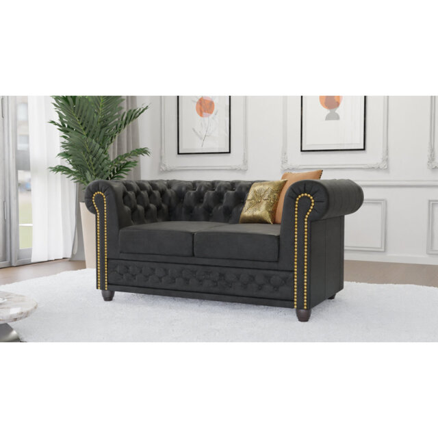Chesterfield Friedrich 2 Seater Sofa Made of Vintage Look Microfibre with Solid Wood Legs