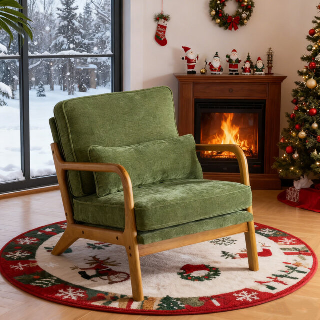 Mid Century Solid Wood Accent Chair Chenille Armchair