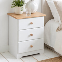 Ainsa 3-Drawer Bedside Table, Soft White Painted with Oak Effect Top