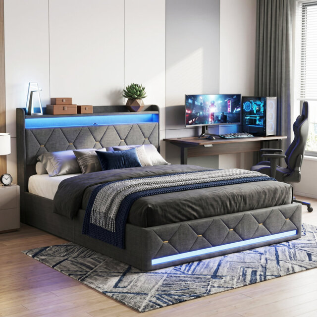EU Double & King Linen Ottoman Bed with Wireless Charging & Dual LED, Tufted Wingback Storage Headboard, 140/160x200cm, Grey