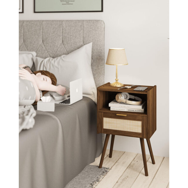 Bedside Table With Storage Drawer And Open Wood Shelf, For Living Room, Bedroom And Small Spaces, Accent Night Stand With Solid Wood Legs