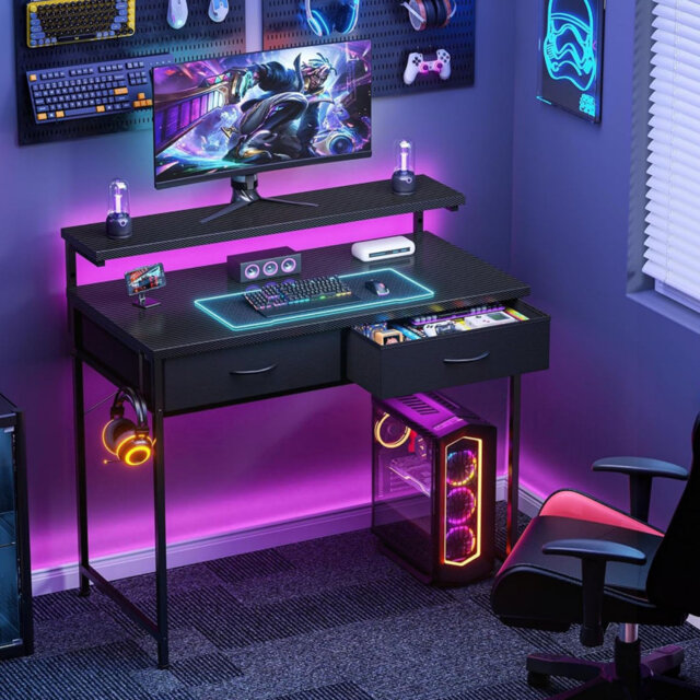 Computer Desk with Adjustable Monitor Stand,with 2 Storage Drawers Headphone Hook, Black, 80 cm