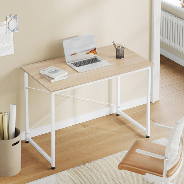 Computer Desk Small 100x50x75 cm Writing Desk with Metal Frame, Space-saving Study Table Wooden Computer Table for Home Office Bedroom