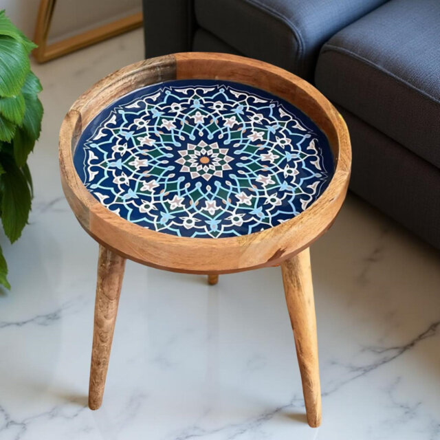 Mango Wood Side Table Artisan Small Coffee Table  Enamel Top  Living Room Or Bedroom