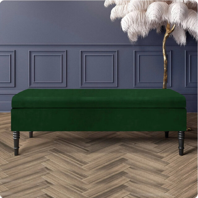 Safar Plain Upholstered Plush Velvet Ottoman Storage Bench with Black Turned Wooden Legs