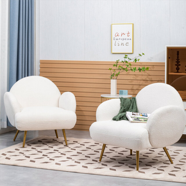 Accent Sherpa Chair Comfy Modern Living Room Chair Fabric Mid Century Bedroom Chair With Legs Arm Chair For Reading Bedroom Single (Set Of 2)