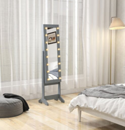 Wood-Effect Freestanding Mirrored Jewelry Cabinet, Stylish Freestanding Storage Armoire with Mirrored Design for Home Bedroom Organization