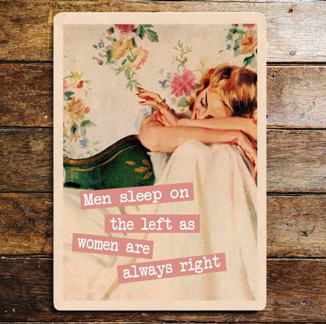 Men Sleep on Left Women Always Right Metal Wall Décor