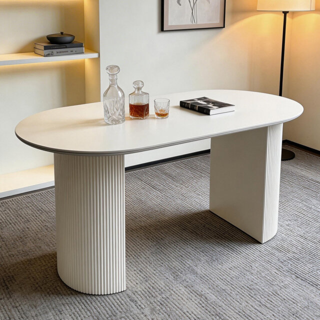 White Sintered Stone Oval Dining Table, 160cm Matt Marble Vein with Double Semi-Cylindrical Legs Fast Dispatch From UK Warehouse – Dispatched Within 2