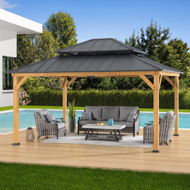 Sunjoy 3.9m x 4.5m Cedar Wooden Gazebo with Ventilated Roof, Dual Rail System & Ceiling Hook, Anthracite â Sturdy Garden HardTop Pavilion for Outdoo