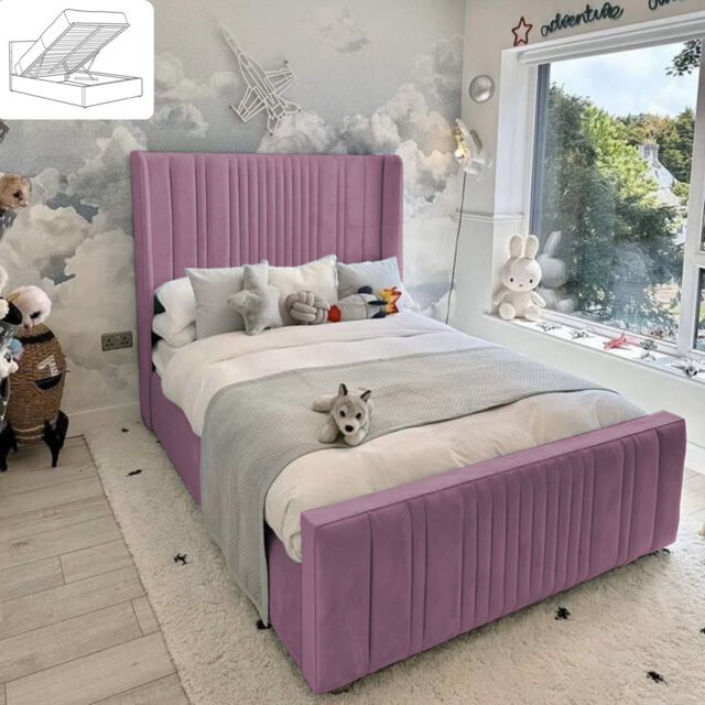 Monai Bed - Wingback Ottoman Storage with Plush Velvet Gas Lift and Headboard