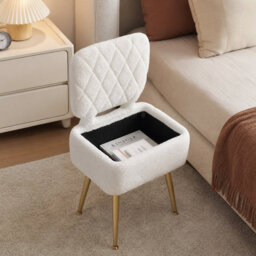 Modern Upholstered Vanity Stool Chair with Storage - Makeup Vanity Seat Ottoman - Collapsible Backrest, Compact for Bedroom Dressing Table - White