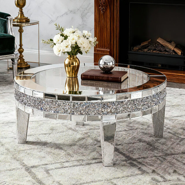 Glass Mirrored Four Leg Coffee Table Mirrored Diamonds Inlay Coffee Table 90.3x90.3cm