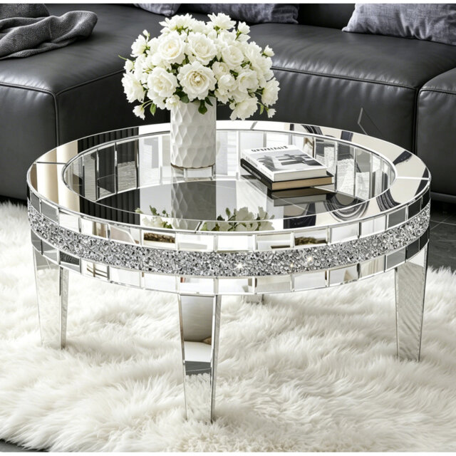 Glass Mirrored Four Leg Coffee Table Diamonds Inlay Low Coffee Table 90.3x90.3cm