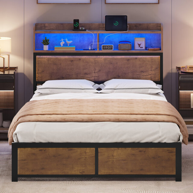 Bed Frame,LED With Headboard,USB Ports & Charging Outlets,Metal Platform Bed Frame With 2 Tiers Storage Shelves, No Box Spring Needed