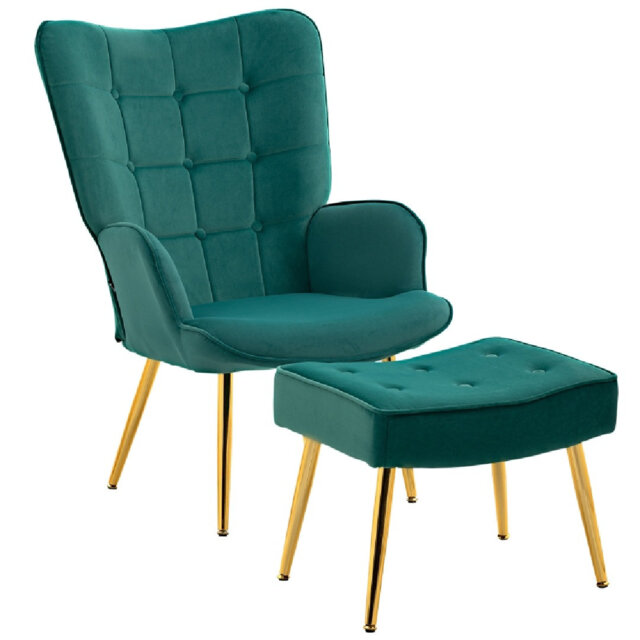 Modern Armchair With Footstool, Upholstered Accent Chair With Ottoman, Steel Legs, Velvet Wingback Chair For Living Room, Bedroom, Home Study, Dark Bl