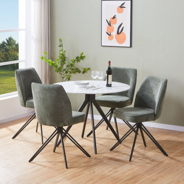 Aspen Gloss White Sintered Stone Round Table with 4 Swivel Upholstered Fabric Chairs - Modern Dining Set