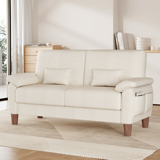 180cm corduroy 2-seater sofa with solid wood frame, spring seat cushion and two throw pillows
