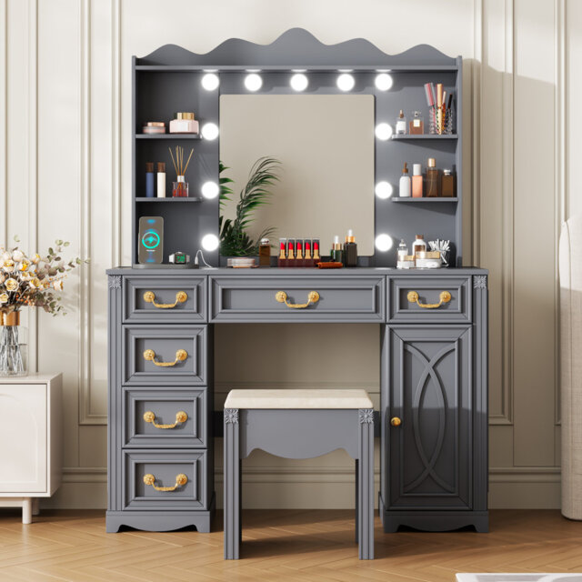 Dressing Table with 3-Color Lighting Mirror, Outlets, Stool, Storage Drawers and Cabinet