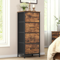 Chest Of Drawers, 4 Fabric Drawers Storage Unit, Steel, MDF, Non-Woven Fabric, For Bedroom, Closet, Hallway, Living Room, Ink Black