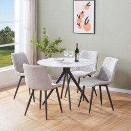 Aspen Sintered Stone Round Table with 4 Diamond Stitch Upholstered Fabric Chairs - Modern Dining Set