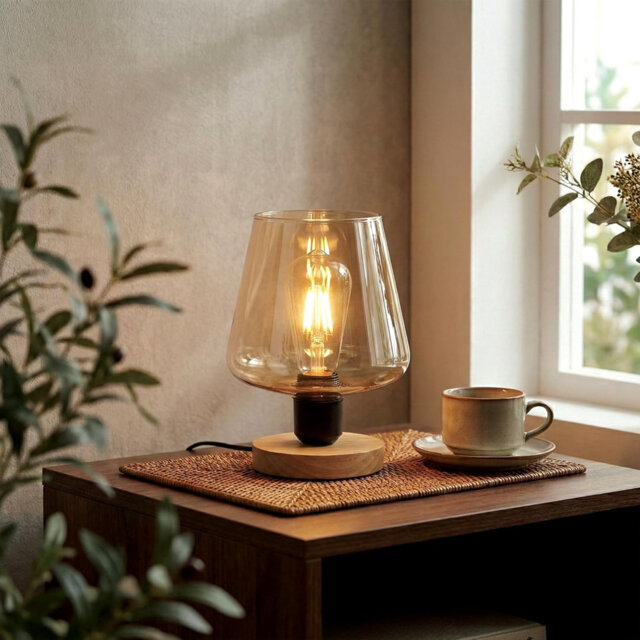 Wooden Bedside Table Lamp with Amber Glass Shade 24cm – Small E27 Plug-in Desk Light, 2m Cable & On/Off Switch, Decorative Nightstand Lamp for Bedroom