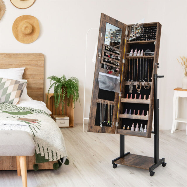 Lockable Jewelry Armoire Organizer with 3-Color Dimmable LED Full-Length Mirror