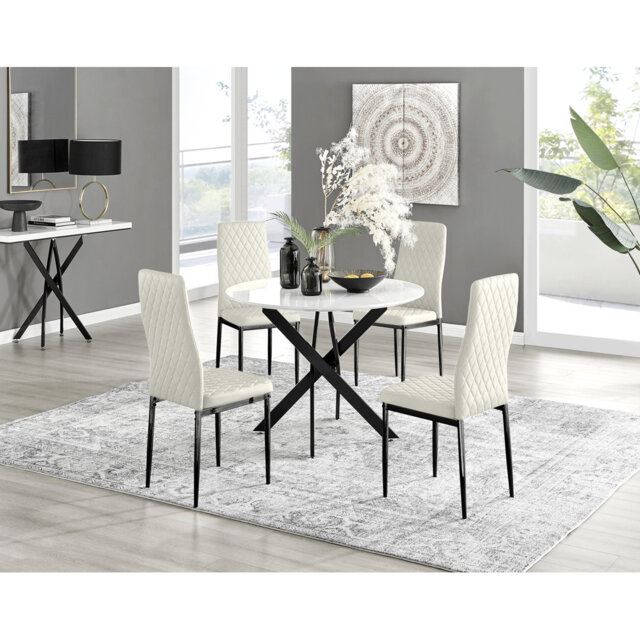 Tierra Modern Chrome Metal & Glass Round Dining Table Set with 4 Quilted Velvet Chairs