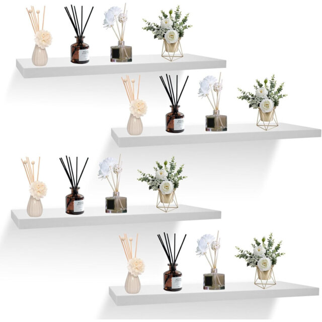 Floating Shelves Set Of 4, White Display Storage Organiser Wall Shelves, Invisible Shelves For Wall Office, Bedroom And Kitchen Wall Decoration Storag