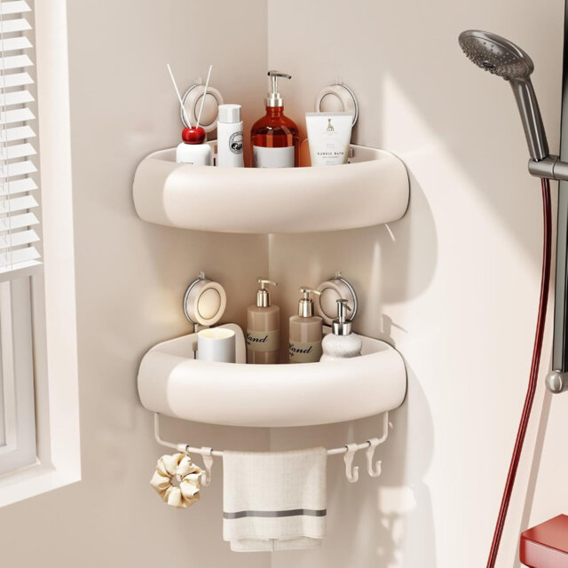 Arc Shower Shelf Coner No Drilling Bathroom Coner Shelves Suction Shower Organiser (2-Pack, White)