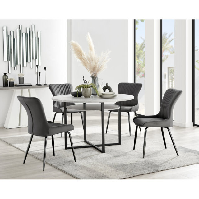 Round Wood Veneer & Matte Black Dining Table With Storage Shelf & 4 Velvet Dining Chairs