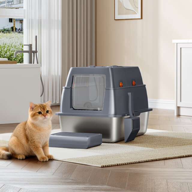 Stainless Steel Cat Litter Tray with Lid, Enclosed Cat Litter Box, 180Â° Hinged Lid, Includes Pedal and Scoop, Easy to Clean, Modular Design, 61 L x 4