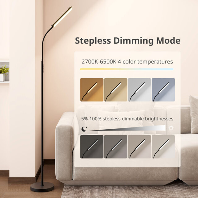 Dimmable LED Floor Lamp with Adjustable Gooseneck, Standing Reading Light with Remote Control