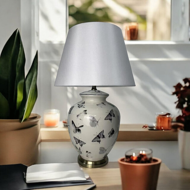 Genna 62cm Modern Ceramic Table Lamp - Textured Base with Cotton Shade Warm Ambient Lighting for Bedroom or Living Room