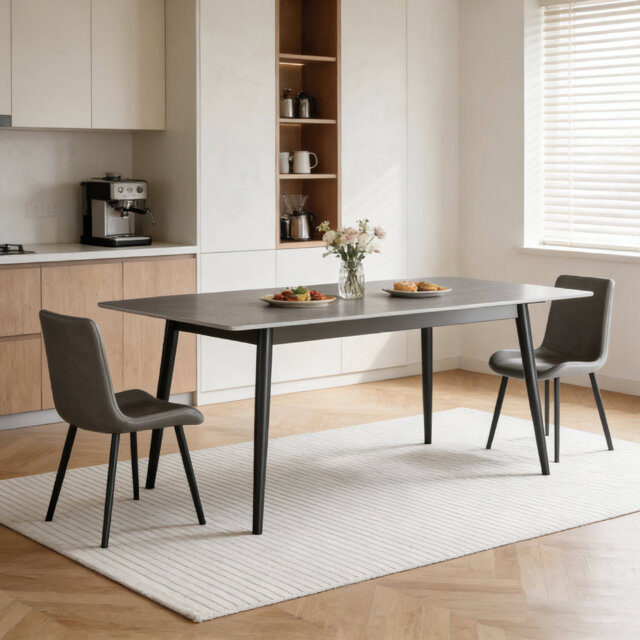 Modern Grey Dining Table, Sintered Stone Top with Marble Vein Pattern, Carbon Steel Base Fast Dispatch From UK Warehouse â Dispatched Within 2 Days