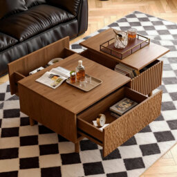 Lift-Top Coffee Table With Storage - Walnut Finish, Textured Panel, Mid-Century Style For Living Room & Balcony, 130Cm，Fast Dispatch From UK Warehouse