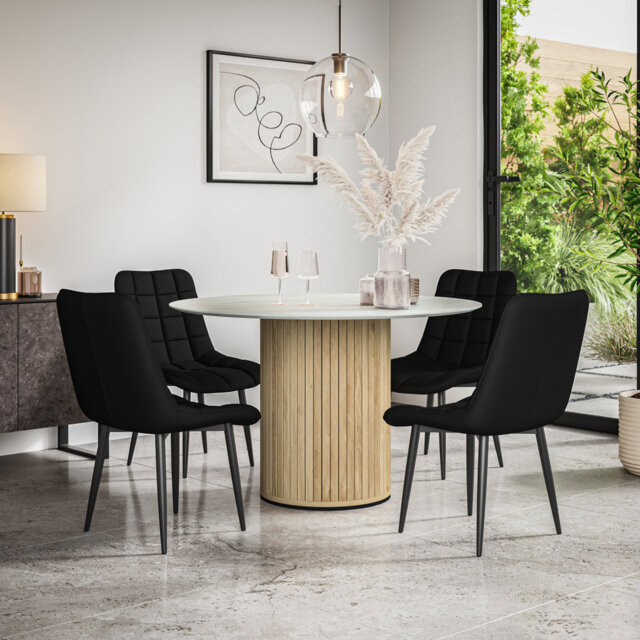 Arlo Walnut Table Top W Walnut Legs + Nova Faux Leather Dining Chair Black Set Of 4
