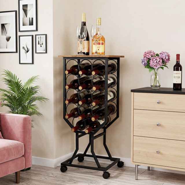 Freestanding 12-Bottle Wine Rack – Floor Display Shelves with Retro Wooden Top Panel & 4 Silent 360° Lockable Casters for Home Bar, Kitchen, Dining Ro