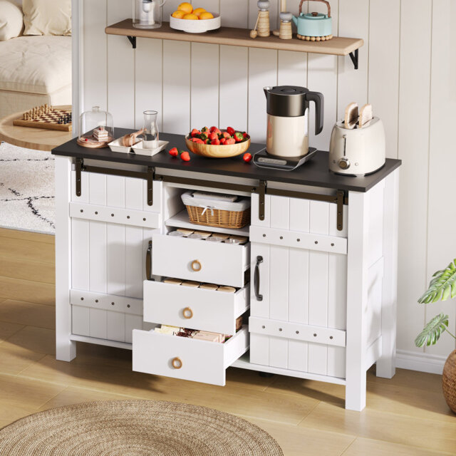 Sideboard Cabinet with Sliding Doors, 3 Drawers & Storage - Coffee Bar Buffet for Kitchen, Dining & Living Room