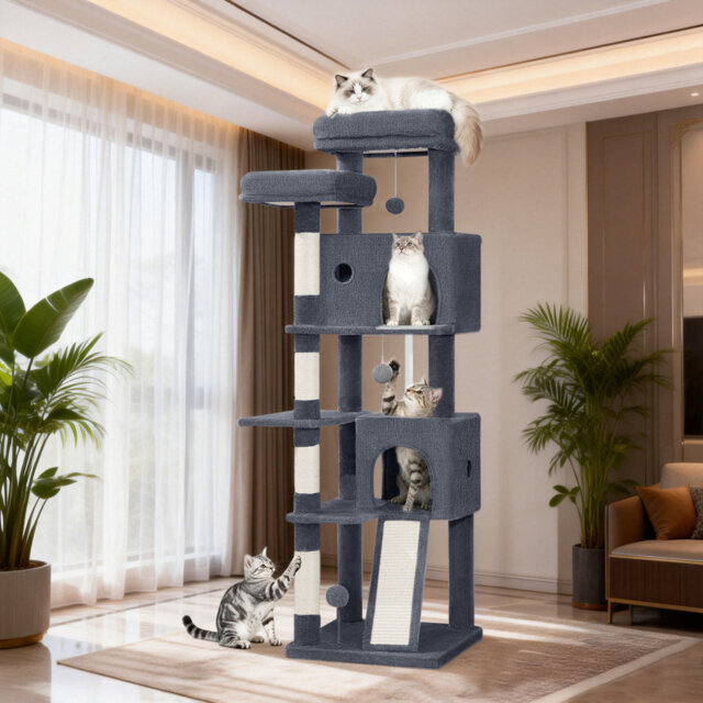 Cat Tree for Indoor Cats, 152 cm/178 cm Cat Tower, Multi-Level Cats Climbing Frame with Scratching Posts, Scratch Board, 2 Comfy Condos, 2 Perches, Po