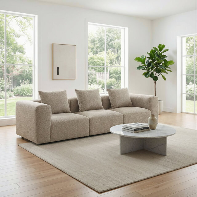 Vector 3 Seater Modular Sofa Light Grey Fabric 301cm Sectional with Silicone Fibre Cushions