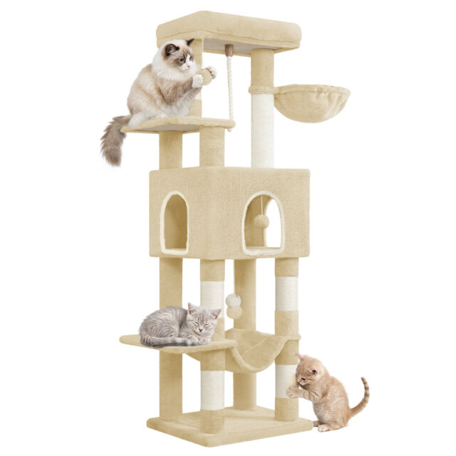 162 cm Cat Tree for Indoor Cats, Cat Tower with Large Hiding Cave, Scratching Post with Large Platforms, Multi-Level Cats Activity Center, Sisal Rope,