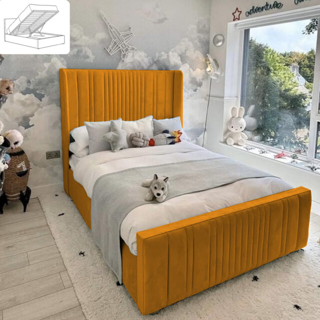 Theseus Bed - Wingback Ottoman Storage with Plush Velvet Gas Lift and Headboard