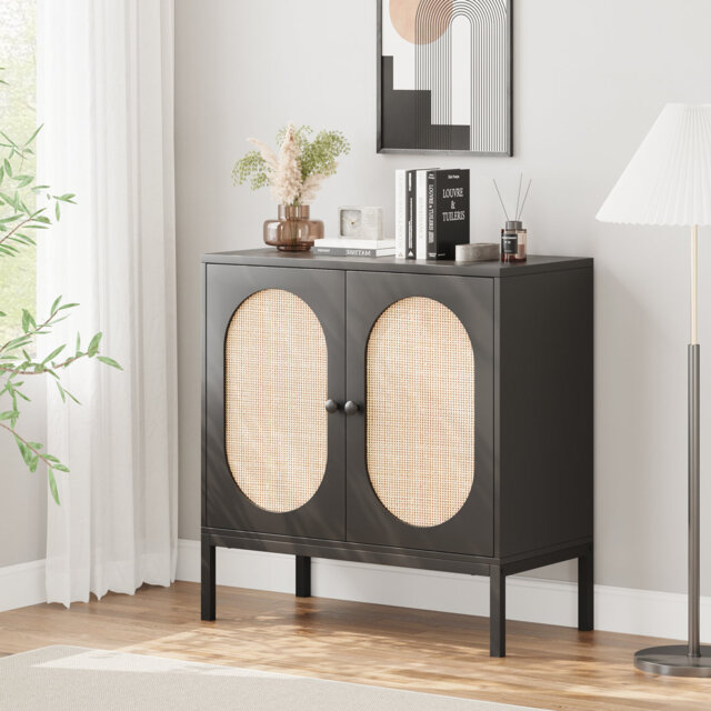 Boho Rattan Sideboard Buffet Cabinet with Changhong Glass Doors & Adjustable Shelf - Vintage Wooden Console with Metal Feet for Entryway & Living Room