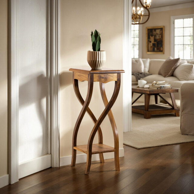 Lukats Solid Wood Twisted Plant Stand Side Table with Drawer & Shelf - Natural Teak Finish