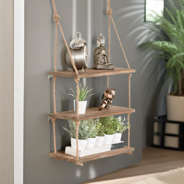 3 Tier Wooden Floating Rope Shelf Wall Mounted Decor Storage Shelves Display Rack